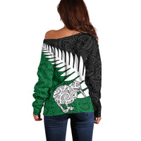 Aotearoa New Zealand Off Shoulder Sweater Silver Fern Kiwi Bird and NZ Map with Maori Tribal Green Style LT03 - Polynesian Pride