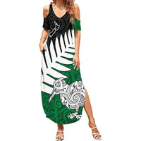 Aotearoa New Zealand Summer Maxi Dress Silver Fern Kiwi Bird and NZ Map with Maori Tribal Green Style LT03 Women Green - Polynesian Pride