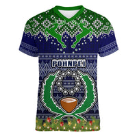 personalised-pohnpei-state-christmas-women-v-neck-t-shirt-coat-of-arms-beautiful-merry-xmas-snowflake