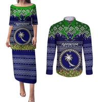 personalised-chuuk-state-christmas-couples-matching-puletasi-dress-and-long-sleeve-button-shirts-coat-of-arms-beautiful-merry-xmas-snowflake