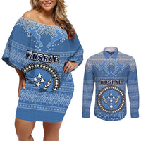 Kosrae Christmas Couples Matching Off Shoulder Short Dress and Long Sleeve Button Shirts Coat of Arms Beautiful Merry Xmas Snowflake LT03 Blue - Polynesian Pride