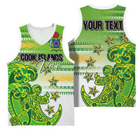 Personalised Cook Islands Va'a Race Basketball Jersey Te Tatau Tattoos Sporty Style Green-White Color - Polynesian Pride