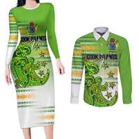 Personalised Cook Islands Va'a Race Couples Matching Long Sleeve Bodycon Dress and Long Sleeve Button Shirt Te Tatau Tattoos Sporty Style Green-White Color - Polynesian Pride