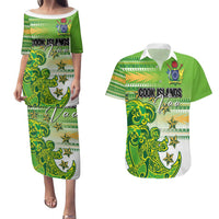 Personalised Cook Islands Va'a Race Couples Matching Puletasi and Hawaiian Shirt Te Tatau Tattoos Sporty Style Green-White Color - Polynesian Pride