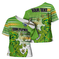 Personalised Cook Islands Va'a Race Cross Shoulder Shirt Te Tatau Tattoos Sporty Style Green-White Color - Polynesian Pride