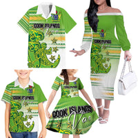 Personalised Cook Islands Va'a Race Family Matching Off The Shoulder Long Sleeve Dress and Hawaiian Shirt Te Tatau Tattoos Sporty Style Green-White Color - Polynesian Pride