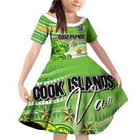 Personalised Cook Islands Va'a Race Family Matching Off Shoulder Short Dress and Hawaiian Shirt Te Tatau Tattoos Sporty Style Green-White Color - Polynesian Pride