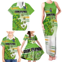 Personalised Cook Islands Va'a Race Family Matching Tank Maxi Dress and Hawaiian Shirt Te Tatau Tattoos Sporty Style Green-White Color - Polynesian Pride