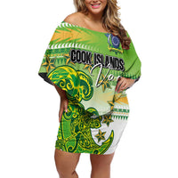 Personalised Cook Islands Va'a Race Off Shoulder Short Dress Te Tatau Tattoos Sporty Style Green-White Color - Polynesian Pride