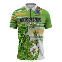 Personalised Cook Islands Va'a Race Zipper Polo Shirt Te Tatau Tattoos Sporty Style Green-White Color - Polynesian Pride