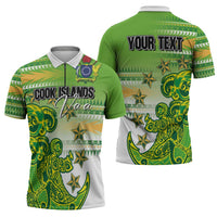 Personalised Cook Islands Va'a Race Zipper Polo Shirt Te Tatau Tattoos Sporty Style Green-White Color - Polynesian Pride