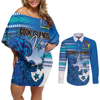 Personalised Cook Islands Va'a Race Couples Matching Off Shoulder Short Dress and Long Sleeve Button Shirt Te Tatau Tattoos Sporty Style Light Blue Color - Polynesian Pride