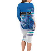 Personalised Cook Islands Va'a Race Long Sleeve Bodycon Dress Te Tatau Tattoos Sporty Style Light Blue Color - Polynesian Pride