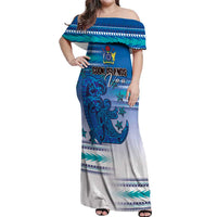 Personalised Cook Islands Va'a Race Off Shoulder Maxi Dress Te Tatau Tattoos Sporty Style Light Blue Color - Polynesian Pride