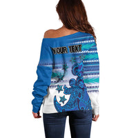 Personalised Cook Islands Va'a Race Off Shoulder Sweater Te Tatau Tattoos Sporty Style Light Blue Color - Polynesian Pride