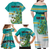 Personalised Cook Islands Va'a Race Family Matching Off Shoulder Maxi Dress and Hawaiian Shirt Te Tatau Tattoos Sporty Style Turquoise Color - Polynesian Pride