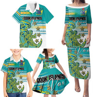 Personalised Cook Islands Va'a Race Family Matching Puletasi and Hawaiian Shirt Te Tatau Tattoos Sporty Style Turquoise Color - Polynesian Pride
