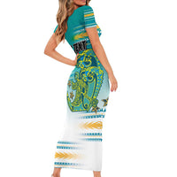 Personalised Cook Islands Va'a Race Family Matching Short Sleeve Bodycon Dress and Hawaiian Shirt Te Tatau Tattoos Sporty Style Turquoise Color - Polynesian Pride