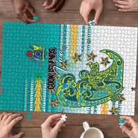 Cook Islands Va'a Race Puzzle Te Tatau Tattoos Sporty Style Turquoise Color - Polynesian Pride