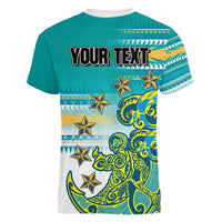 Personalised Cook Islands Va'a Race Women V-Neck T-Shirt Te Tatau Tattoos Sporty Style Turquoise Color - Polynesian Pride