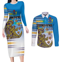 Personalised Cook Islands Va'a Race Couples Matching Long Sleeve Bodycon Dress and Long Sleeve Button Shirt Te Tatau Tattoos Sporty Style Glory Blue Color - Polynesian Pride