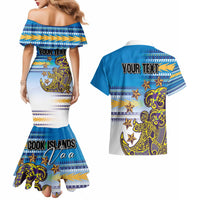 Personalised Cook Islands Va'a Race Couples Matching Mermaid Dress and Hawaiian Shirt Te Tatau Tattoos Sporty Style Glory Blue Color - Polynesian Pride