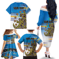 Personalised Cook Islands Va'a Race Family Matching Off The Shoulder Long Sleeve Dress and Hawaiian Shirt Te Tatau Tattoos Sporty Style Glory Blue Color - Polynesian Pride