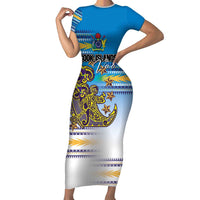 Personalised Cook Islands Va'a Race Family Matching Short Sleeve Bodycon Dress and Hawaiian Shirt Te Tatau Tattoos Sporty Style Glory Blue Color - Polynesian Pride