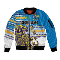 Personalised Cook Islands Va'a Race Sleeve Zip Bomber Jacket Te Tatau Tattoos Sporty Style Glory Blue Color - Polynesian Pride