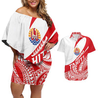 Personalised Tahiti Va'a Race Couples Matching Off Shoulder Short Dress and Hawaiian Shirt Polynesian Tattoos Sporty Style - Polynesian Pride