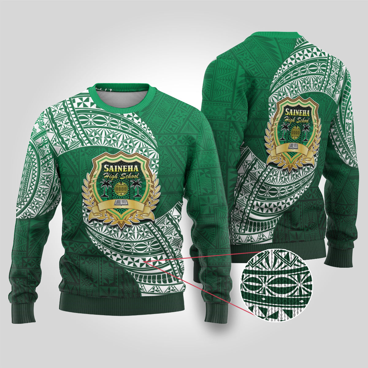 Tonga Saineha High School Ugly Christmas Sweater Traditional Ngatu and Polynesian Pattern LT03 Green - Polynesian Pride