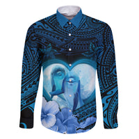 Dolphin Couple Love Story Valentine Day Family Matching Mermaid Dress and Hawaiian Shirt With Polynesian Tribal Tattoo Blue Style LT03 Dad's Shirt - Long Sleeve Blue - Polynesian Pride