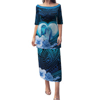 Dolphin Couple Love Story Valentine Day Family Matching Puletasi and Hawaiian Shirt With Polynesian Tribal Tattoo Blue Style LT03 Mom's Dress Blue - Polynesian Pride