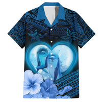 Dolphin Couple Love Story Valentine Day Family Matching Short Sleeve Bodycon Dress and Hawaiian Shirt With Polynesian Tribal Tattoo Blue Style LT03 Dad's Shirt - Short Sleeve Blue - Polynesian Pride