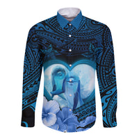 Dolphin Couple Love Story Valentine Day Long Sleeve Button Shirt With Polynesian Tribal Tattoo Blue Style LT03 Unisex Blue - Polynesian Pride