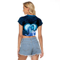 Dolphin Couple Love Story Valentine Day Raglan Cropped T Shirt With Polynesian Tribal Tattoo Blue Style LT03 - Polynesian Pride