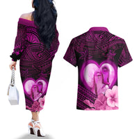 Dolphin Couple Love Story Valentine Day Couples Matching Off The Shoulder Long Sleeve Dress and Hawaiian Shirt With Polynesian Tribal Tattoo Pink Style LT03 - Polynesian Pride
