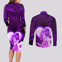Dolphin Couple Love Story Valentine Day Couples Matching Long Sleeve Bodycon Dress and Long Sleeve Button Shirt With Polynesian Tribal Tattoo Purple Style LT03 - Polynesian Pride