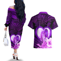 Dolphin Couple Love Story Valentine Day Couples Matching Off The Shoulder Long Sleeve Dress and Hawaiian Shirt With Polynesian Tribal Tattoo Purple Style LT03 - Polynesian Pride