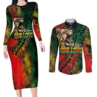 Aotearoa One Love Couples Matching Long Sleeve Bodycon Dress and Long Sleeve Button Shirt Reggae Lion with Kakahu Huruhuru
