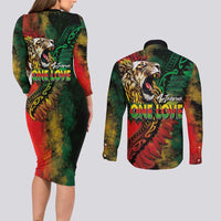 Aotearoa One Love Couples Matching Long Sleeve Bodycon Dress and Long Sleeve Button Shirt Reggae Lion with Kakahu Huruhuru