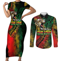 Aotearoa One Love Couples Matching Short Sleeve Bodycon Dress and Long Sleeve Button Shirt Reggae Lion with Kakahu Huruhuru