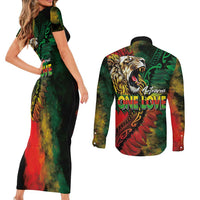 Aotearoa One Love Couples Matching Short Sleeve Bodycon Dress and Long Sleeve Button Shirt Reggae Lion with Kakahu Huruhuru