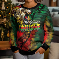 Aotearoa One Love Kid Ugly Christmas Sweater Reggae Lion with Kakahu Huruhuru