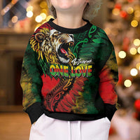 Aotearoa One Love Kid Ugly Christmas Sweater Reggae Lion with Kakahu Huruhuru