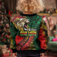Aotearoa One Love Kid Ugly Christmas Sweater Reggae Lion with Kakahu Huruhuru