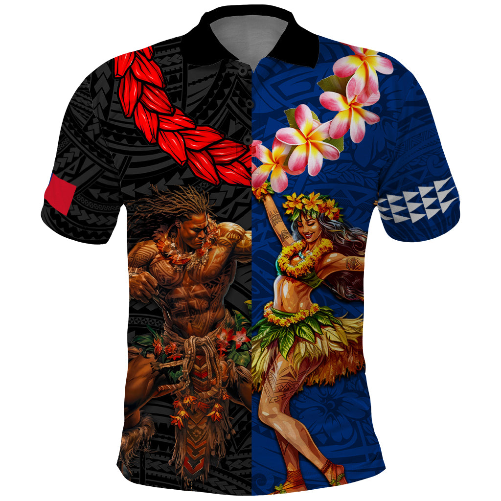 Hawaii and Samoa Together Polo Shirt Samoan Warrior and Beauty Hula Girl