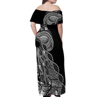 Samoan DNA Art Tattoo Off Shoulder Maxi Dress Polynesian Pattern Black Color