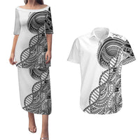 Samoan DNA Art Tattoo Couples Matching Puletasi and Hawaiian Shirt Polynesian Pattern White Color