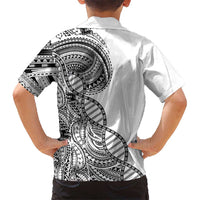 Samoan DNA Art Tattoo Family Matching Off The Shoulder Long Sleeve Dress and Hawaiian Shirt Polynesian Pattern White Color